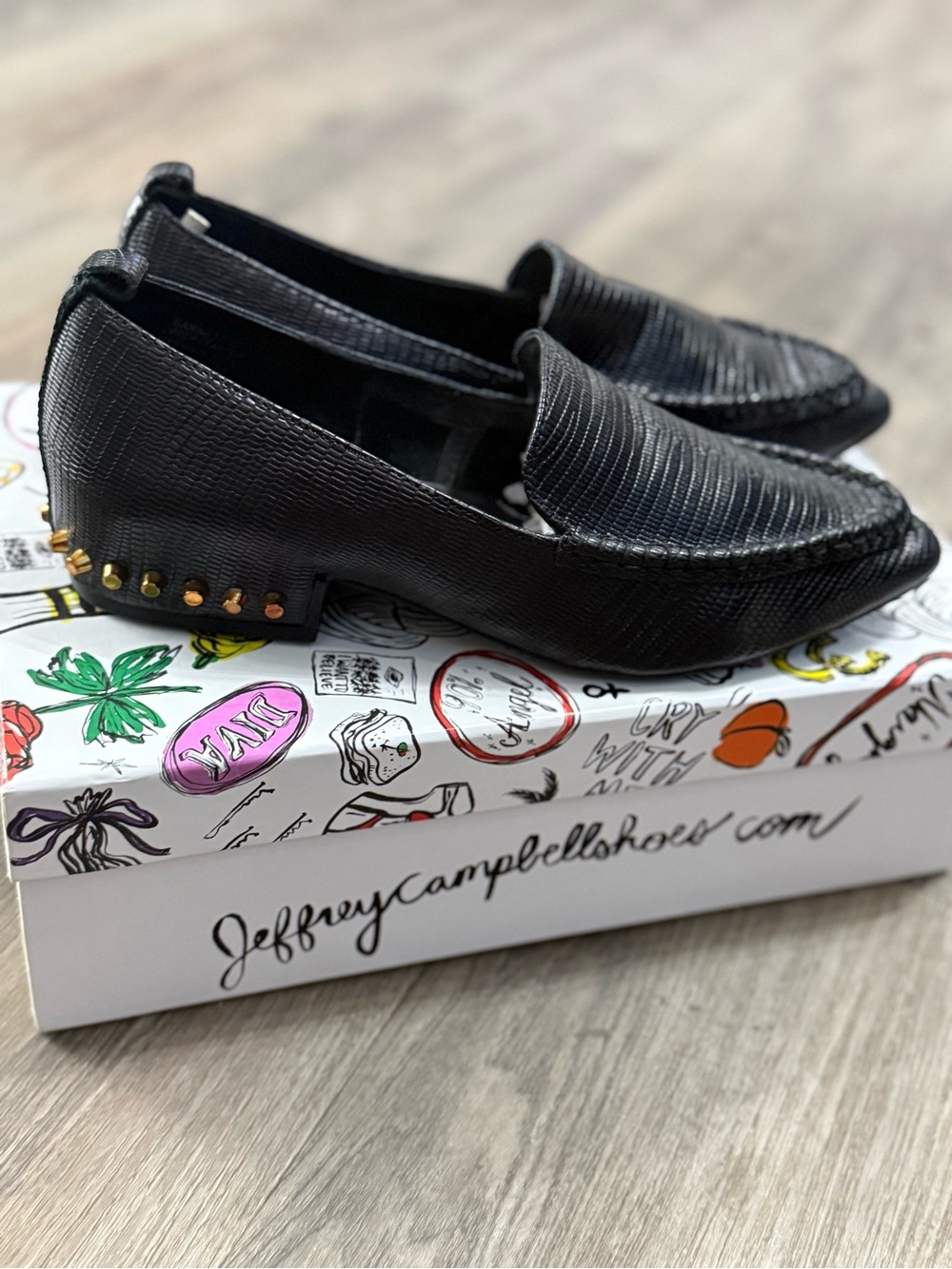 Jeffrey Campbell Black Textured Loafers with Gold Studded Detail Size 7.5m